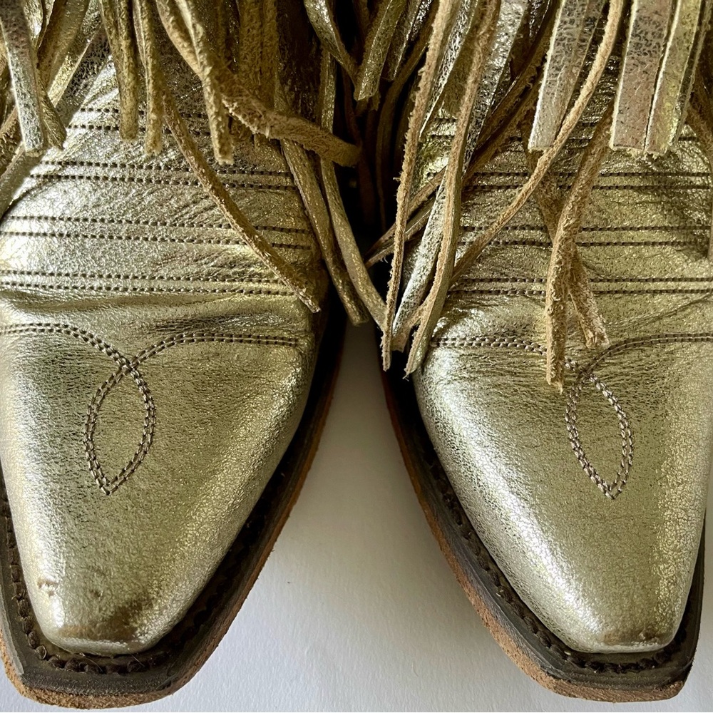 JUNK GYPSY by Lane Spitfire Gold Fringed leather cowboy Boots booties SNIP TOE - Picture 6 of 9